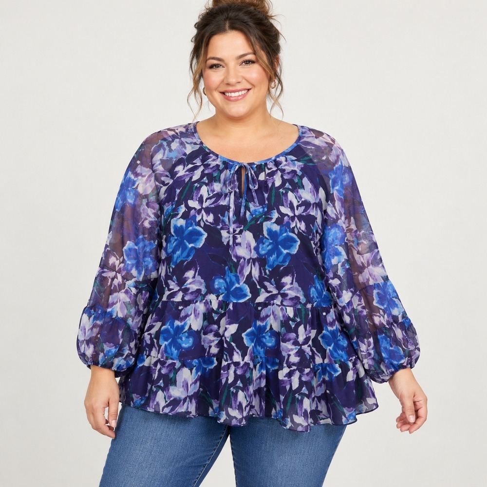 Terra & Sky Peasant Top Women's 2X Purple Blue Floral Mesh Tiered Boho Romantic